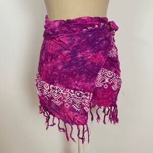 Swim Cover Up Wrap Skirt Purple Tie Dye Fringe OS